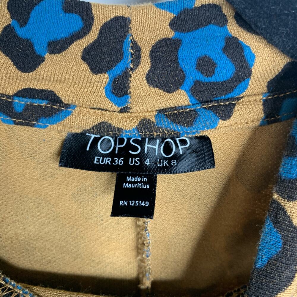 Topshop Cheetah Mock Neck Shirt Camel Black and Turquoise Sz 4 - Picture 7 of 8